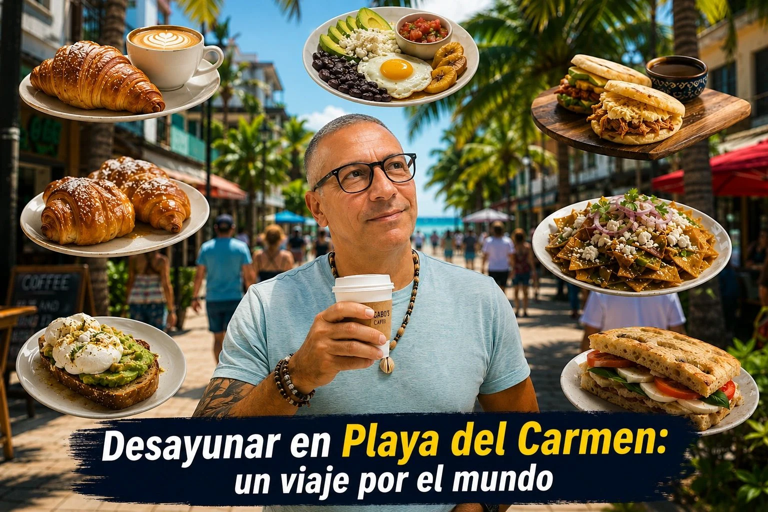 Montaje de un hombre con un café, rodeado de croissants, huevos, chilaquiles, tostadas y sándwiches de desayuno.