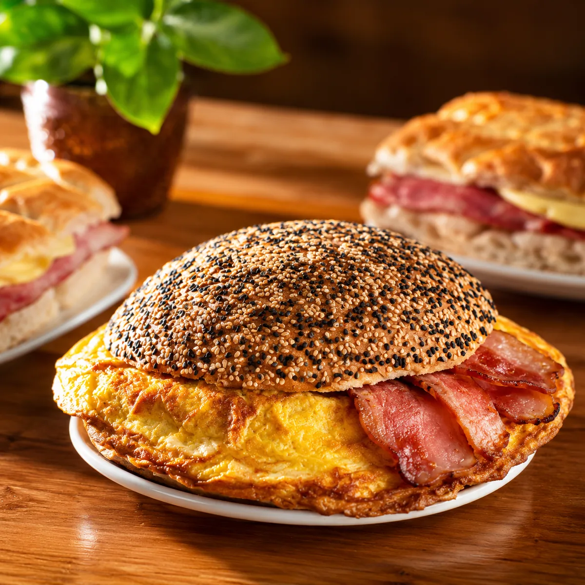 Sándwich de desayuno con huevo, queso y tocino en pan artesanal